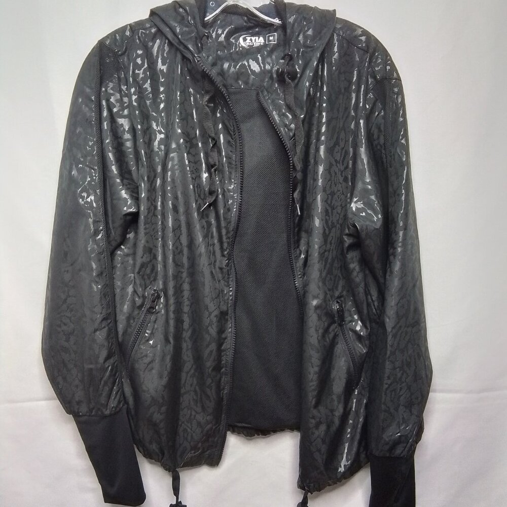 ZYIA ACTIVE BLACK LEOPARD PRINT WOMEN'S ZIPPERED HOODED JACKET SIZE M